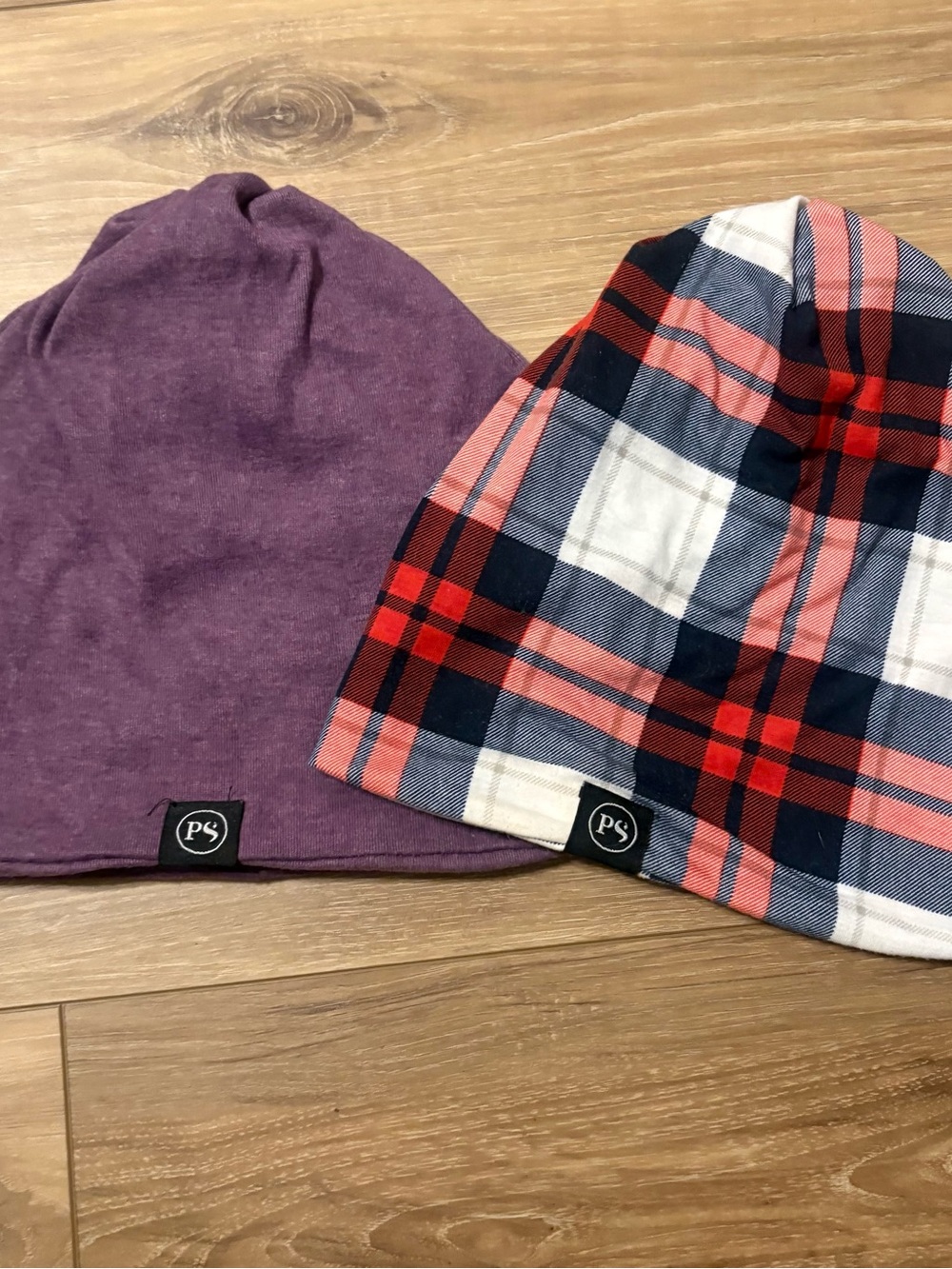 Purple Beanie & Red Plaid Hat Duo